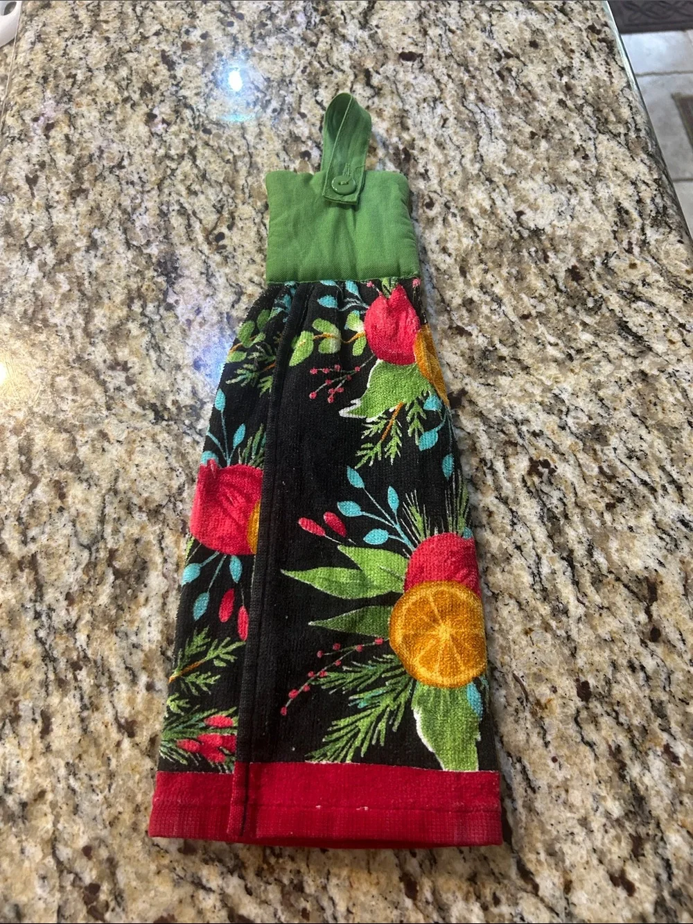 Holiday Floral Hanging Kitchen Towel in Black and Green